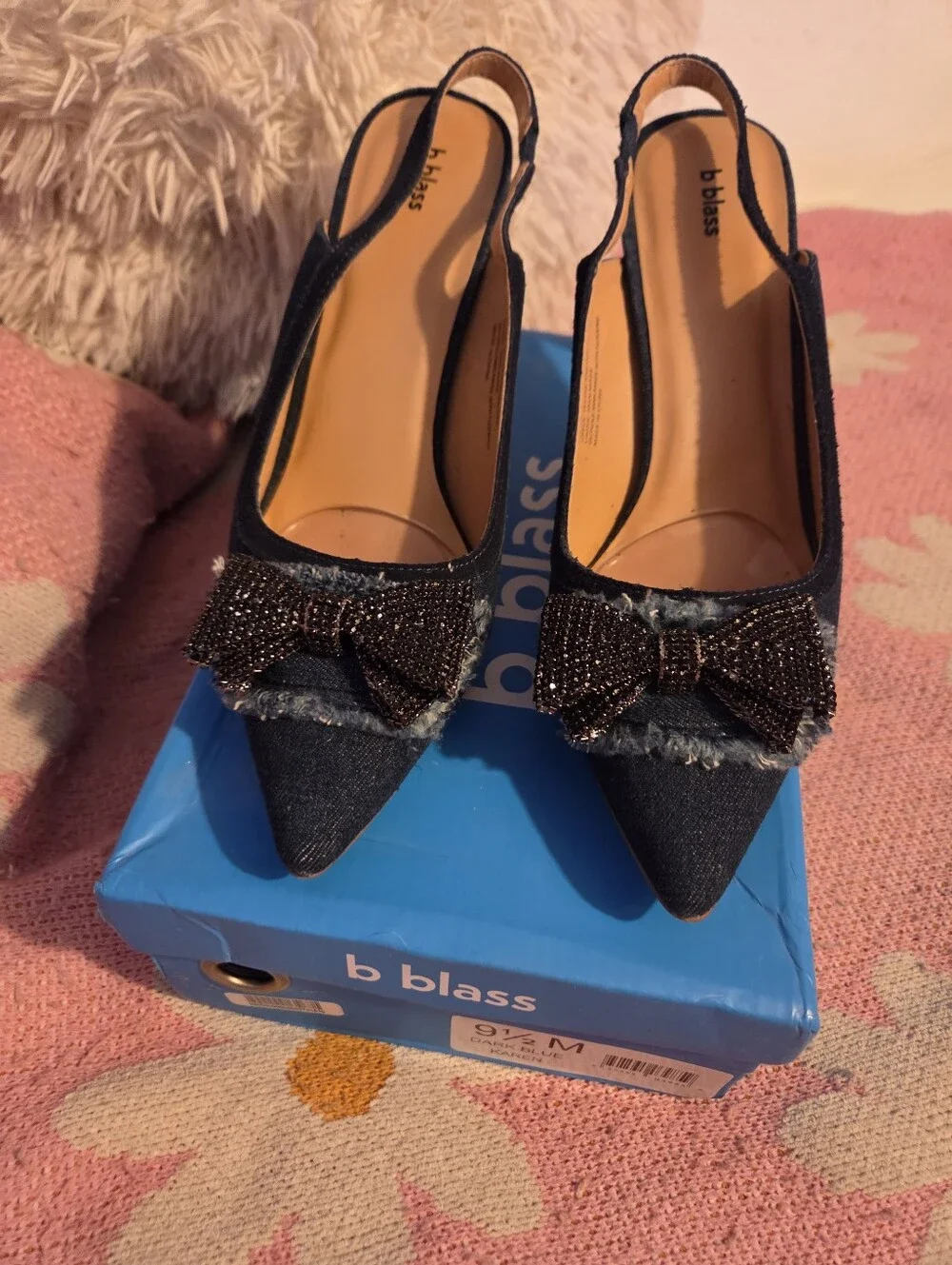 Bill Blass Dark Blue Denim Pointed Slingback Heels with Beaded Bow